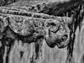 A close up of a stone gargoyles carved face