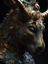 close-up armored Indigenous inspired centaur, iridescent fur, Illustration, Greek Taurus creature, generative ai