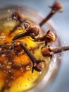 Close-up of aromatic cloves in sparkling liquid - perfect for culinary and festive design Royalty Free Stock Photo