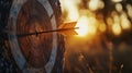 A close-up of an arrow embedded in a wooden target at sunset, symbolizing focus and precision in archery Royalty Free Stock Photo