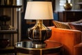 close-up of an art deco table lamp on a side table