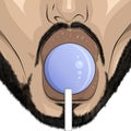 Close up art of male lips eats lollipop