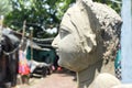 Close up Art model of Maa Durga pratima face. Goddess Durga sculpture made of clay during famous Durga Pooja Celebration. Taken