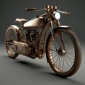 Close-up of Art Nouveau Style Antique Copper Motorcycle on Gray Background