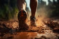 Close up art of runners feet navigating a jungle dirt trail