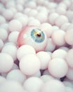 Close-up of artificial eyeball and white spheres.