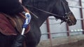 Close-up, artificial leg, limb in stirrups. male rider, disabled person, without leg, learns to ride horse, hippotherapy