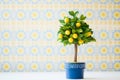 close-up of an artificial lemon tree topiary