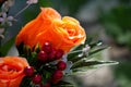 Close up of artificial orange coloured rose flower bouquet in soft focus background Royalty Free Stock Photo