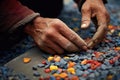 close-up of artisans hands placing stones