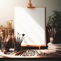 Close up of artist workspace with blank white canvas, Royalty Free Stock Photo