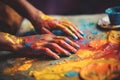 Close up artists hands unrecognizable painter woman man female male dirty palms painted painting creating art therapy Royalty Free Stock Photo