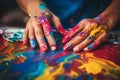 Close up artists hands unrecognizable painter woman man female male dirty palms painted painting creating art therapy Royalty Free Stock Photo