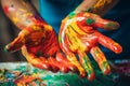 Close up artists hands unrecognizable painter woman man female male showing dirty palms painted painting creating art Royalty Free Stock Photo