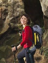 Close up of Asian Female Trekker on mountain Royalty Free Stock Photo