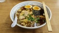 Close up of asian food. Noodle ramen soup mixed with pork ,egg , Royalty Free Stock Photo