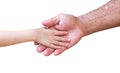 Asian little child girl shaking hands old man right hand isolated on white background , clipping path Royalty Free Stock Photo