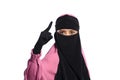 Close up asian muslim woman in hijab pointing with angry eyes Royalty Free Stock Photo