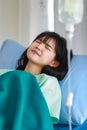 Close-up of an asian sick female patient covered with a blanket lying on hospital bed having intravenous drip saline solution, Royalty Free Stock Photo