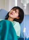 Close-up of an asian sick female patient covered with a blanket lying on hospital bed having intravenous drip saline solution, Royalty Free Stock Photo