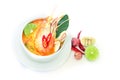 Close up Asian Spicy soup with shrimp in white bowl , famous Thai food cuisine calling Tom Yum Kung Royalty Free Stock Photo