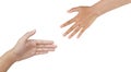 Close up Asian two female hands reaching for each other, help, shaking hands, sign arm and hand isolated on a white background Royalty Free Stock Photo