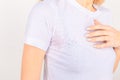 Close-up asian woman with hyperhidrosis sweating. Young asia woman with sweat stain on her clothes against grey Royalty Free Stock Photo