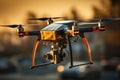 Close-up of the assembled drone. Flying UAV with a pendant camera and remote control