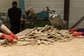 The close up of assembly workflow folded decorative untreated wood chips on table Royalty Free Stock Photo