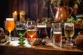 close-up of assorted beer glasses on rustic wooden table Royalty Free Stock Photo