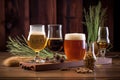 close-up of assorted beer glasses on rustic wooden table Royalty Free Stock Photo