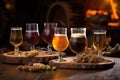 close-up of assorted beer glasses on rustic wooden table Royalty Free Stock Photo