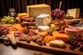 close-up of assorted cheeses and meats on wooden board