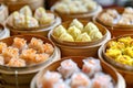 Close-up of an assorted Chinese dim sum in bamboo steamers. Generative AI Royalty Free Stock Photo