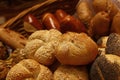 Close up assorted fresh bread buns in basket Royalty Free Stock Photo