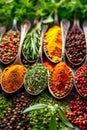 Close up of assorted herbs and spices beautifully displayed in spoons for culinary use