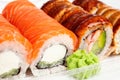 Close Up of Assorted Sushi Rolls with Fresh Wasabi Royalty Free Stock Photo