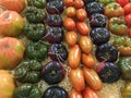 Close up of assorted of tomatoes in a market. Varieties of tomatoes: brandywine, cherokee purple, heirloom, plum, indigo