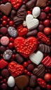 close up of assorted variety of chocolate sweets for valentines day