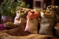 close-up of assorted whole spices in rustic burlap bags