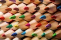 Close up of an assortment of colored pencils tips