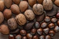 Close up of assortment nuts on a wooden table: wallnuts, almonds Royalty Free Stock Photo