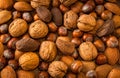 Close up of assortment nuts on a wooden table: wallnuts, almonds Royalty Free Stock Photo