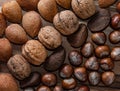 Close up of assortment nuts on a wooden table: wallnuts, almonds