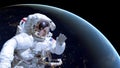 Close up of an astronaut in outer space, earth by night in the background Royalty Free Stock Photo