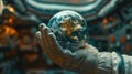 A close-up of an astronaut's gloved hand holding a small, delicate model of the Earth against the backdrop of a Royalty Free Stock Photo