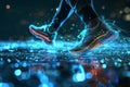 Close-up of an athlete feet in sports sneakers with neon lighting on navy blue background. Flickering flux of particle