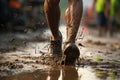 Close up athlete feet trail running with raining day. Sport and Healthy concept. Generative AI