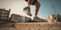 Close-up athlete foots vaulting over urban obstacles in a dynamic action, concept of Parkour, created with Generative AI