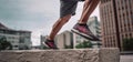 Close-up athlete foots vaulting over urban obstacles in a dynamic action, concept of Parkour, created with Generative AI